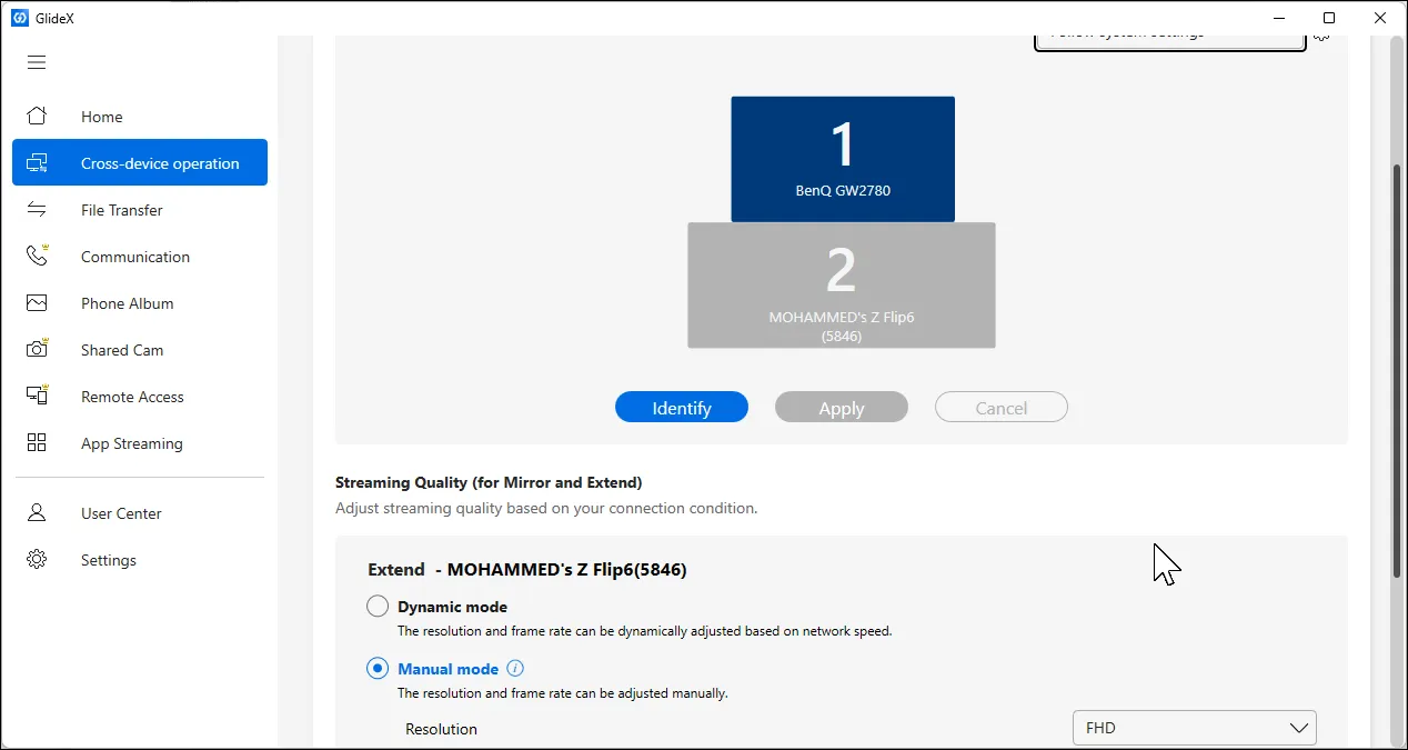 Konfigurační okno Glidex Display s nastavením dvojitého monitoru s monitorem PC a připojeným telefonem, včetně možností kvality streamování pro dynamické a manuální režimy
