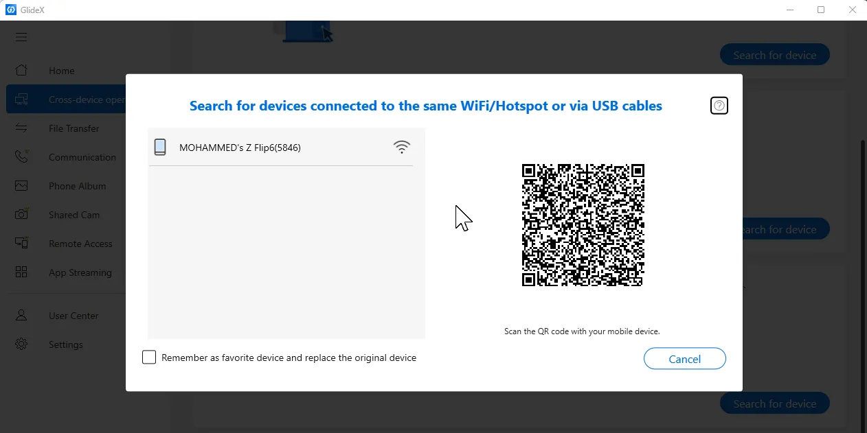 Zařízení Samsung Galaxy detekované v aplikaci Glidex v systému Windows 11