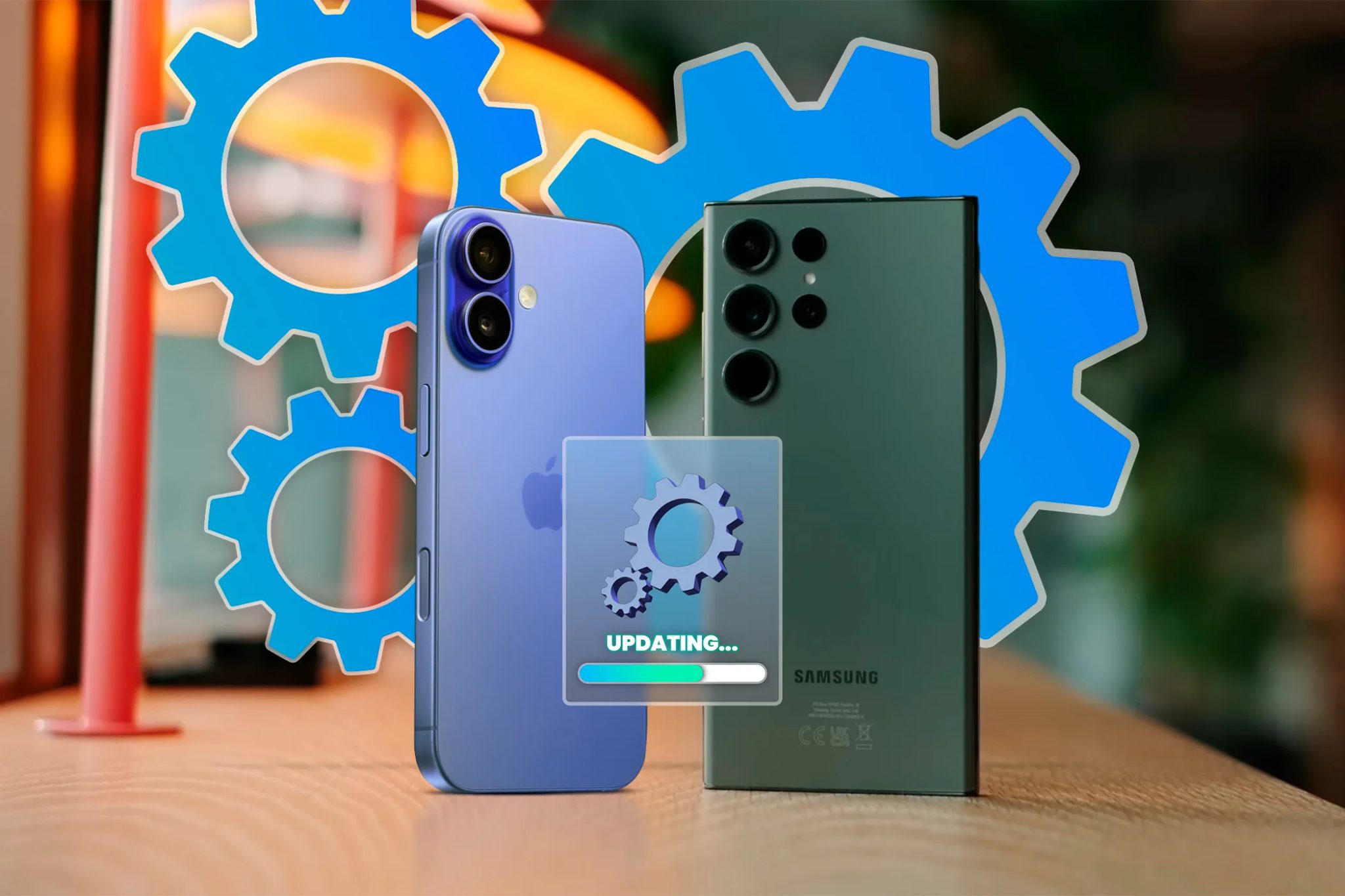 IPhone vedle galaxie Samsung s několika rychlostními stupni na pozadí a ikonou aktualizace v popředí.