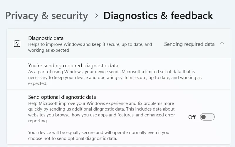 Vypněte odesílání volitelných diagnostických dat o Windows.