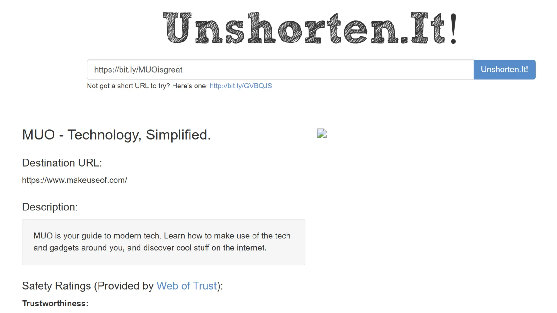 UnSorten.it ukazuje cílovou adresu URL pro krátký odkaz.