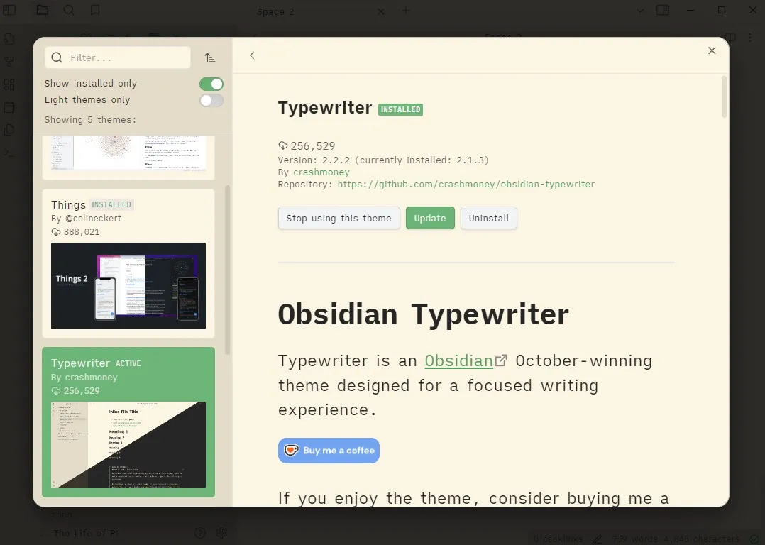 Téma typemachinu v obsidiánu