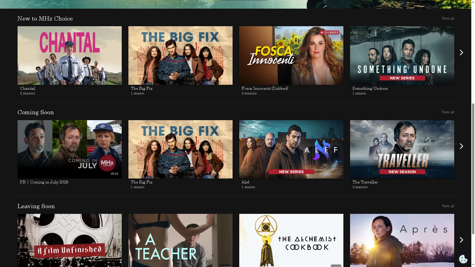 Řádky s filmy a televizními seriály dostupné na MHz Choice