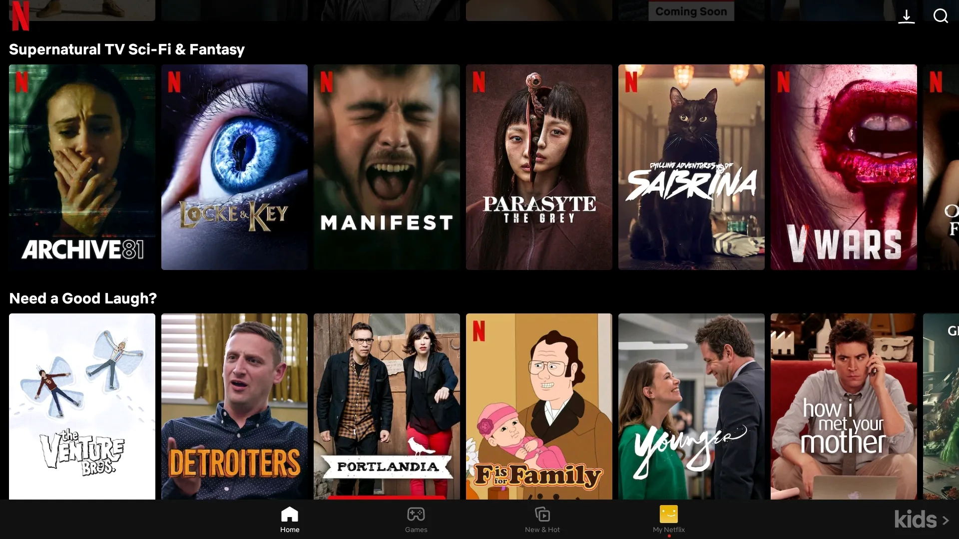 Dva řádky navrhovaného obsahu v aplikaci Netflix