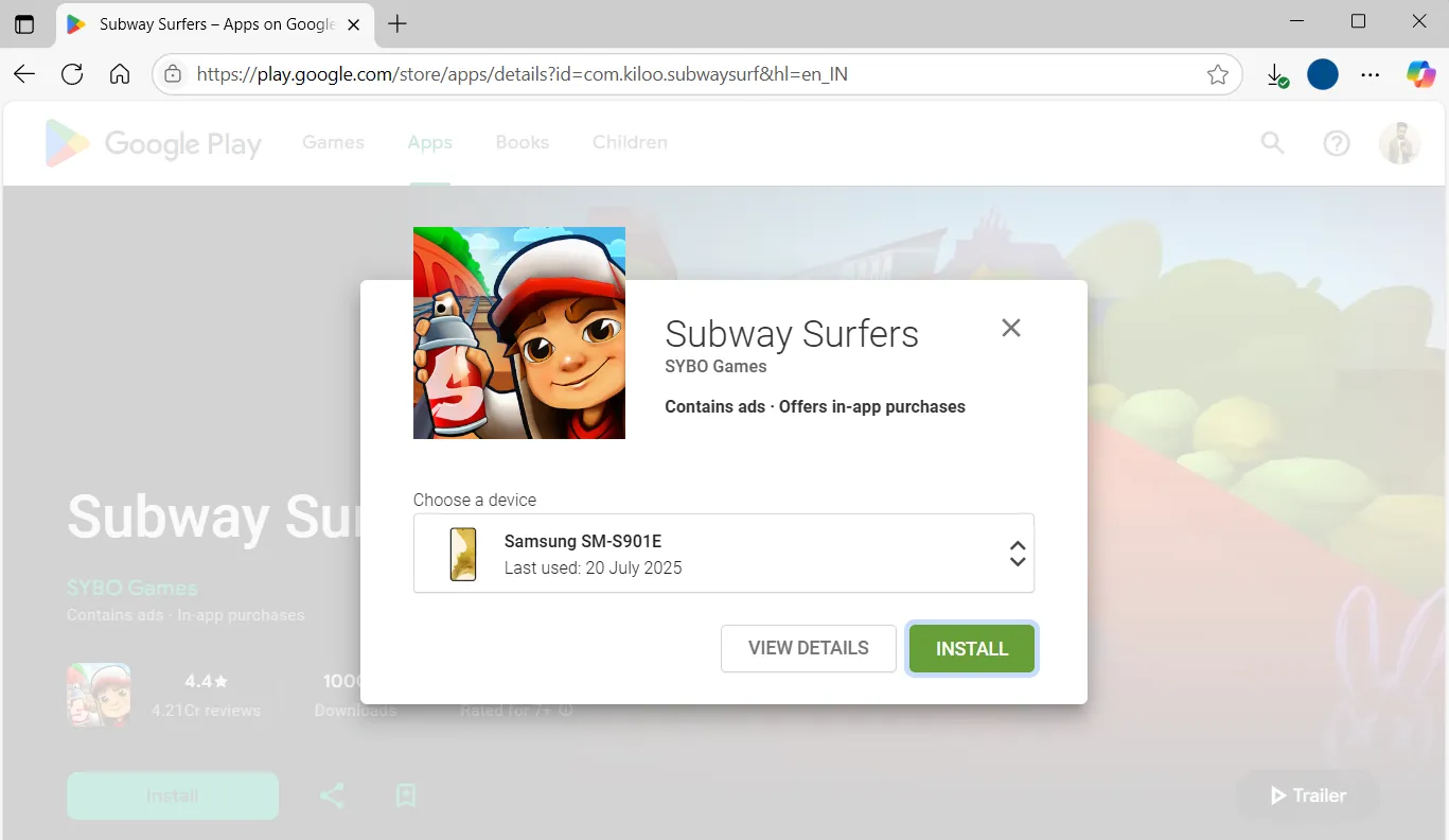 Webové stránky Google Play na PC s možností instalace hry do telefonu