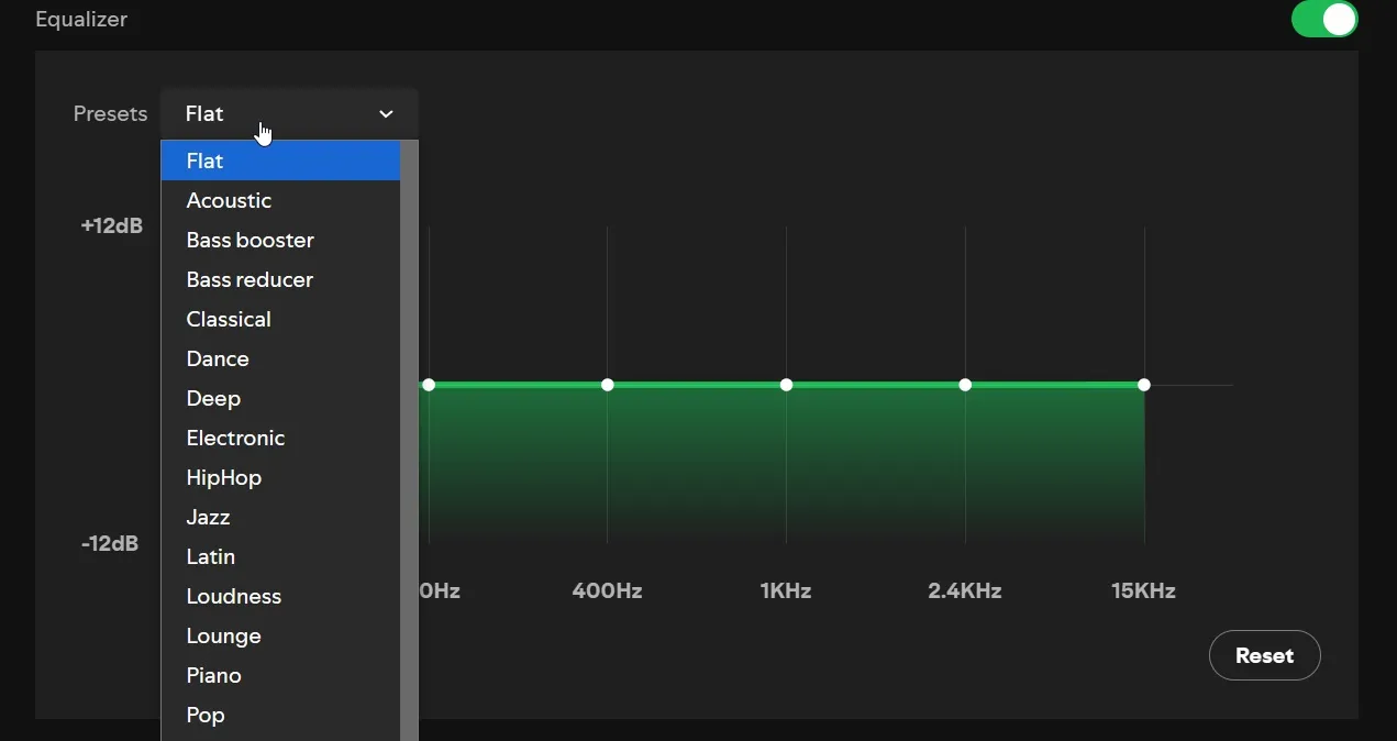 Nastavení ekvalizéru Spotify.