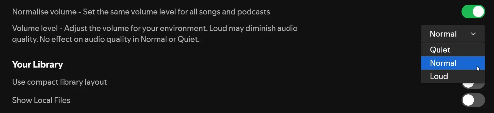 Možnosti kalibrace a uniformita hladiny šumu ve Spotify.