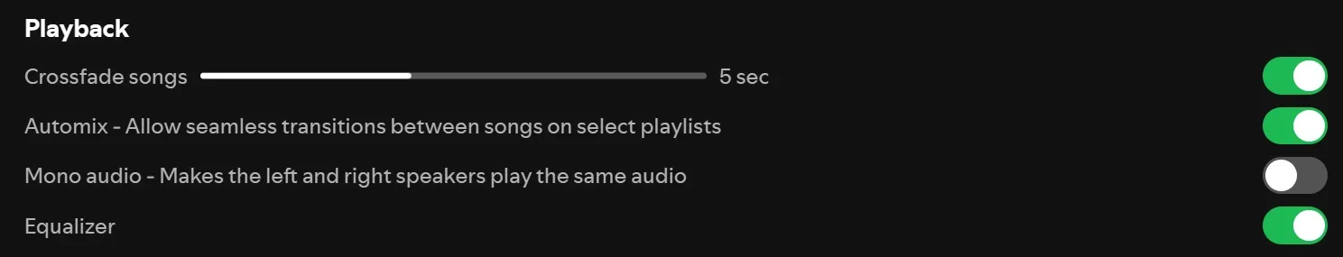 Spotify Nastavte přehrávání a Crossfade.