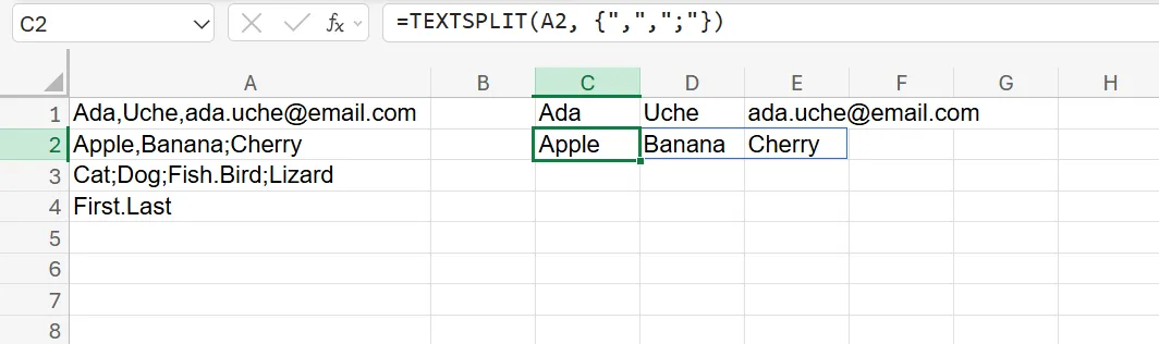Textsplit funguje v Excelu s více separačními značkami