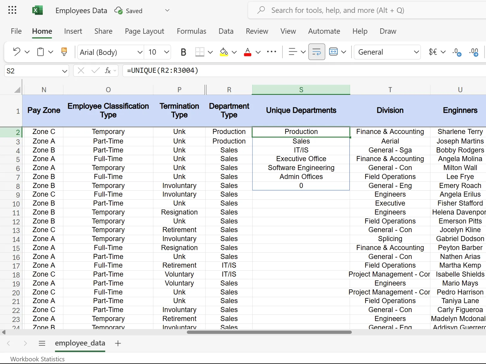 Excel jedinečná funkce se seznamem šesti oddělení.