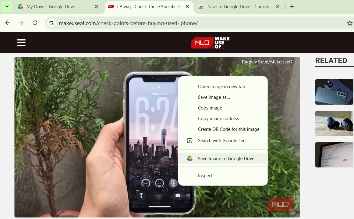 Uložit na možnost Google Disk v Google Chrome se správným tlačítkem myši v nabídce