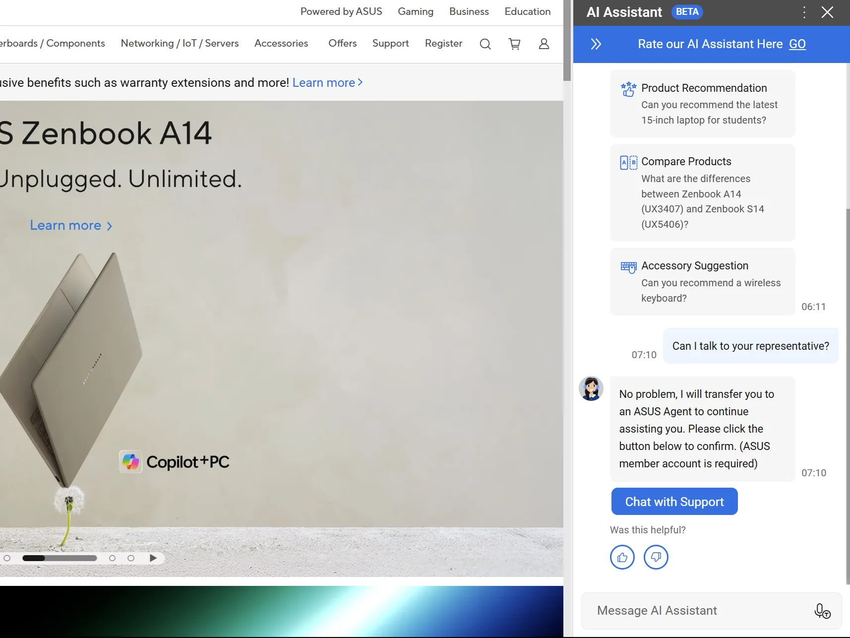 Asus ukazuje Asus Zenbook A14 s podporou umělé inteligence na postranním panelu.