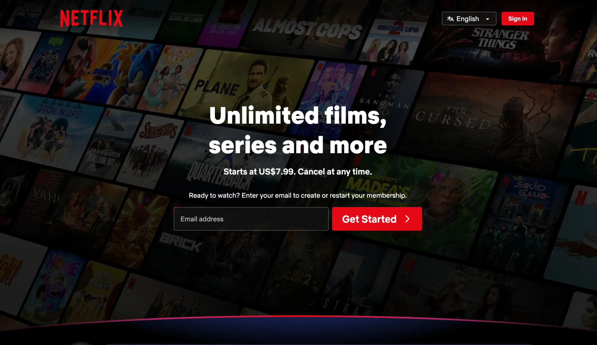 Domovská obrazovka Netflix na webu