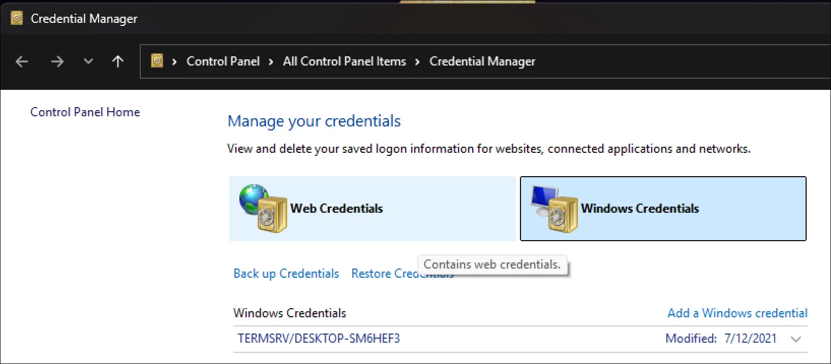 Správce Windows CredentAil byl otevřen v systému Windows 11